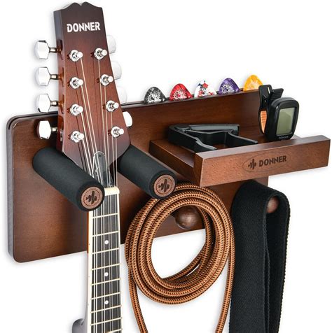 Donner Guitar Wall Mount Shelf, Wooden Guitar Wall Hanger with Pick ...