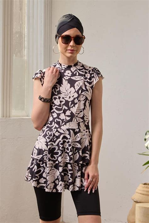 Black Half Sleeve Arm Fulya White Leaf Full Coverage Swimsuit ...