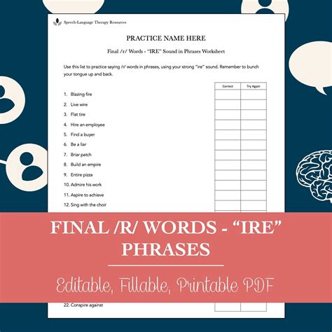 Final /R/ Words “IRE” Phrases Worksheet for Speech Therapy (editable ...