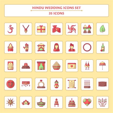 Set Of 35 Hindu Wedding Ceremony Icons Over Square Yellow Background ...
