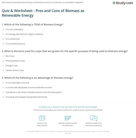 Quiz & Worksheet - Pros and Cons of Biomass as Renewable Energy | Study.com