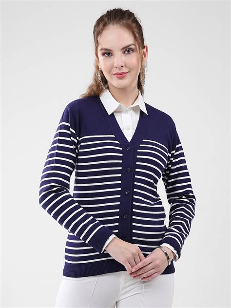 Buy Women Blue Stripe V Neck Full Sleeve Cardigan Online in India ...