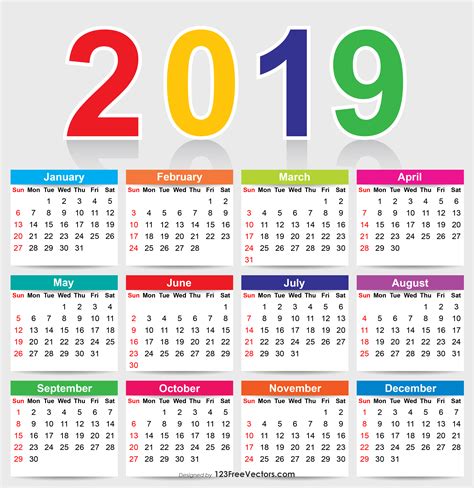 Colorful 2019 Calendar Vector