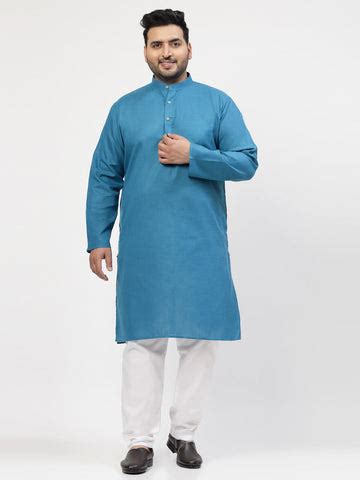 Plus Size Men Blue & White Solid Kurta with Pyjamas