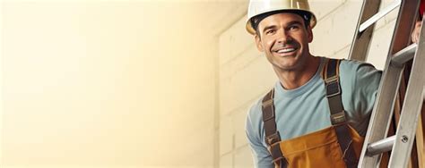 Smiling worker on roof construction on ledder with work uniform an hard ...