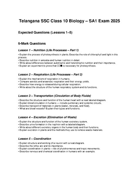 Telangana SSC Class 10 Biology SA1 Exam 2025 Important Questions - Studocu