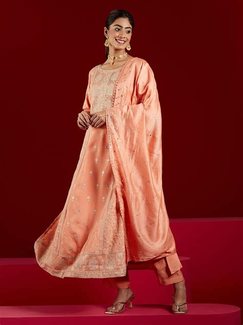 Buy Libas Art Peach Embroidered Silk Blend A-Line Kurta With Trousers ...