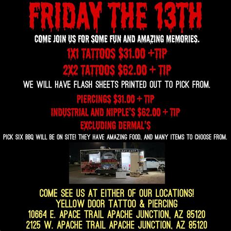 Friday the 13th Tattoo and Piercing Event, Yellowdoor Tattoo & Piercing ...