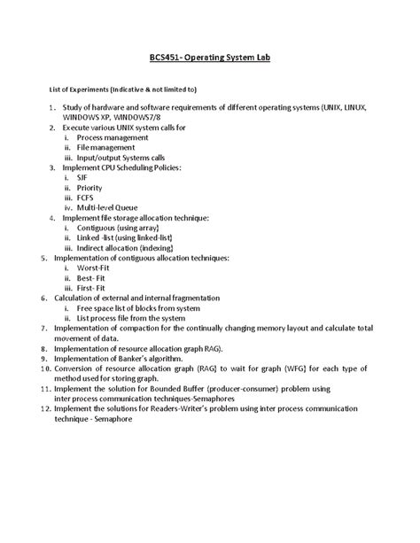 BCS451 Operating System Lab: List of Experiments and Techniques - Studocu