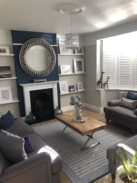 Cosy Grey Living Room, Navy Walls Living Room, Blue Feature Wall Living ...