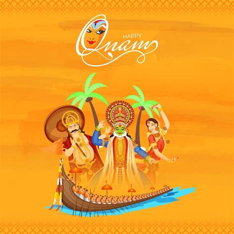 Happy onam celebration backgroun with king mahabali, kathakali, woman ...