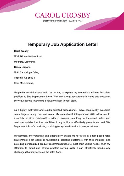 Free Temporary Job Application Letter Template to Edit Online