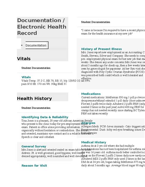 Shadow Health Comprehensive Assessment Documentation: Tina Jones - Studocu