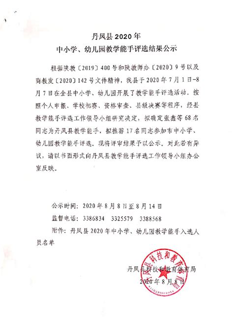 丹凤县2020年中小学、幼儿园教学能手评选结果公示_丹凤县人民政府