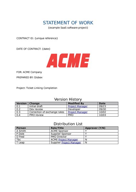 Sample statement of work - STATEMENT OF WORK {example SaaS software ...