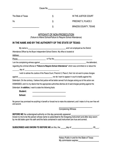 TX Affidavit of Non-Prosecution - Brazos County - Blank Fillable ...