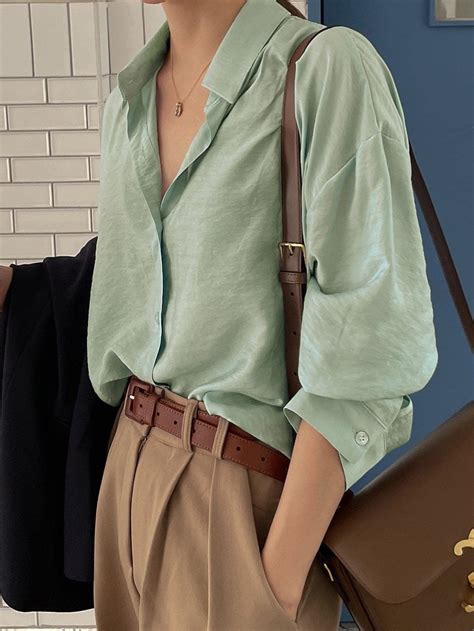 Womens Long Sleeve Blouse Button Up Drop Shoulder Shirt Office Shirt ...