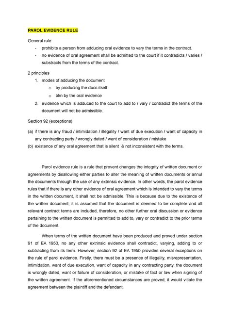 Parol Evidence Rule notes - PAROL EVIDENCE RULE General rule ...
