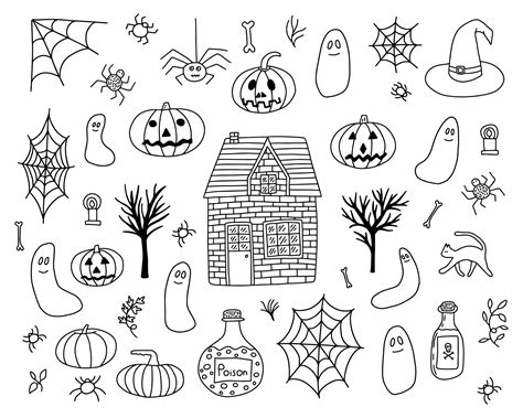 Hand drawn Halloween doodle elements set. Pumpkin, spider, potion ...