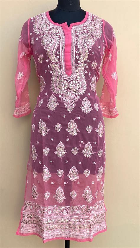 Lucknowi Chikankari Kurti Pink Faux Georgette With Gotta Patti Work ...