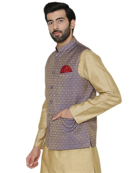 Buy Blue WINTAGE Printed Waistcoat with Mandarin Collar | AJIO