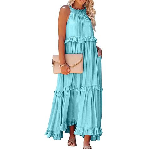 GXIPO Maxi Dresses for Women 2025 Halter Neck Sleeveless Tiered Long ...