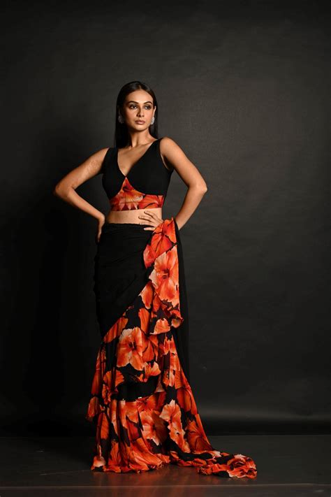 Shop Black Blossom Print Georgette Saree | Anvi Couture