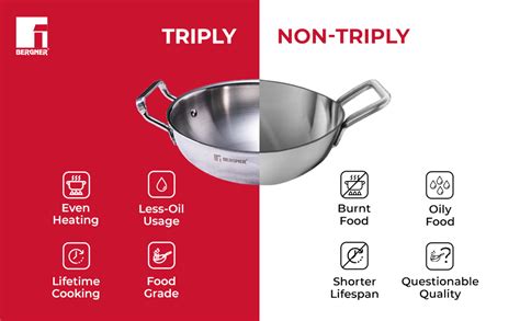 BERGNER Tripro TriPly Stainless Steel 24cm Deep Kadai with Lid, 3 L ...