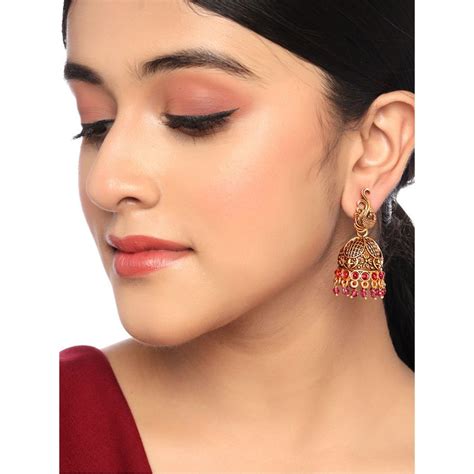Buy Yellow Chimes Golden-Toned Oxidised Contemporary Jhumki Earrings Online