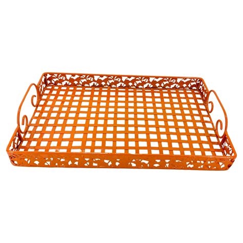 Orange Mid-Century Metal Serving Tray with Handles, Powder Coated For ...