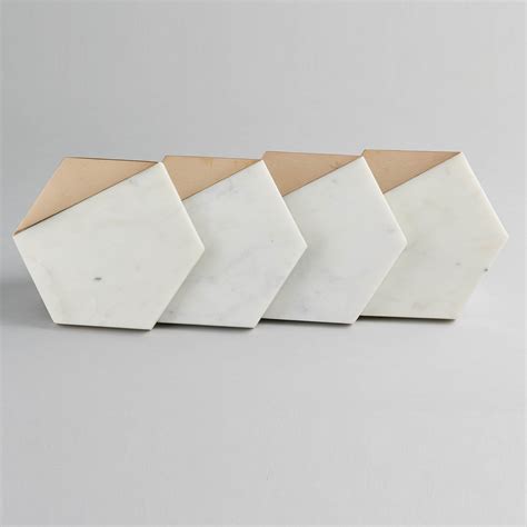 White Marble with Brass Edge Hexagon Coaster Set | Stone Essential