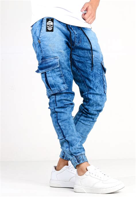 Promoção de Calça Jogger Cargo Com Punho Masculina Azul Jeans - CT