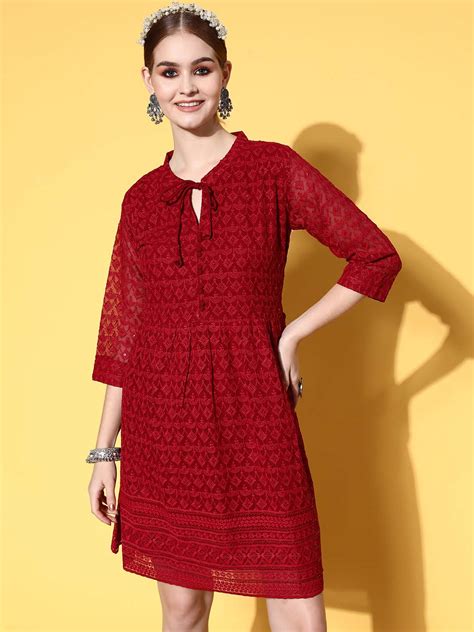 Zola Georgette Mandarin Collar Maroon Chikankari Embroidery with Sequi ...