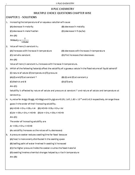 II PUC CHEMISTRY MCQ SOLUTIONS FOR FINAL EXAM PREPARATION - Studocu