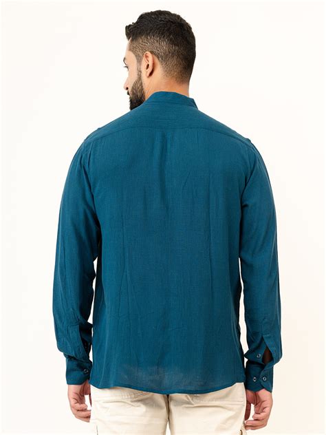 Teal Blue Popcorn Textred Full Sleeves Cuban Collar Shirt