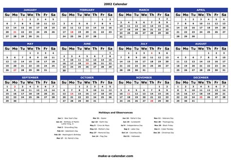 2002 Calendar - Free Yearly Printable
