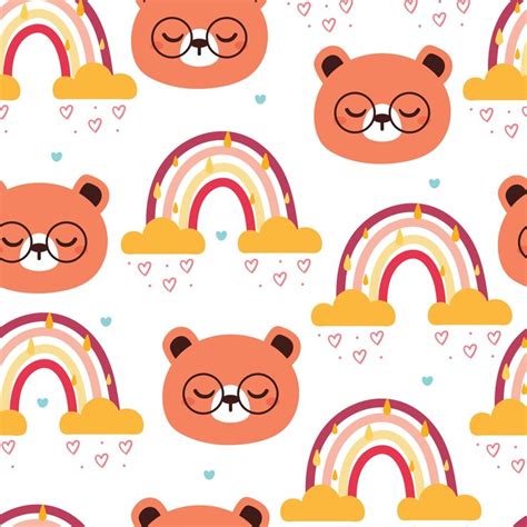 Seamless pattern cartoon bear rainbow and sky element in yellow ...