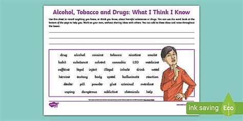 Alcohol, Tobacco and Drugs Activity Sheet | PSHE Resources