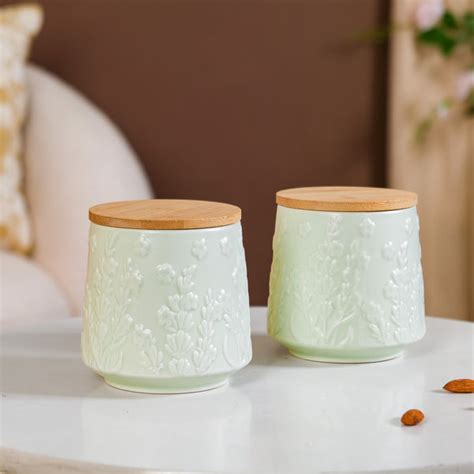 Floral Embossed Ceramic Jar For Storage Set Of 2 Mint Green Online ...