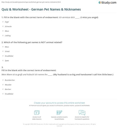 Quiz & Worksheet - German Pet Names & Nicknames | Study.com