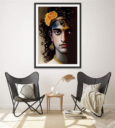 Divine Beauty in Print: Oil Color Portrait Print of Lord Krishna's Fac