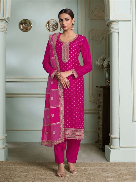 Hot Pink Kurta Set in Dola Jacquard with Sequins Embroidery – Seerat Ethnic