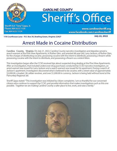 Caroline County Sheriff's Office, VA - Arrest Made in Cocaine ...