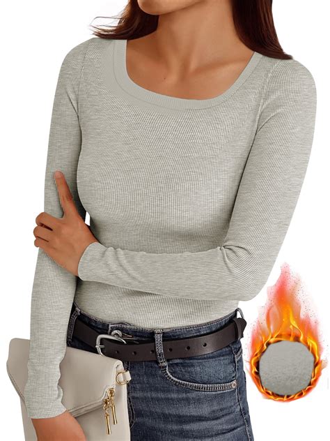 MOSHU Thermal Tops for Women Scoop Neck Slim Fit Basic Top Ribbed ...