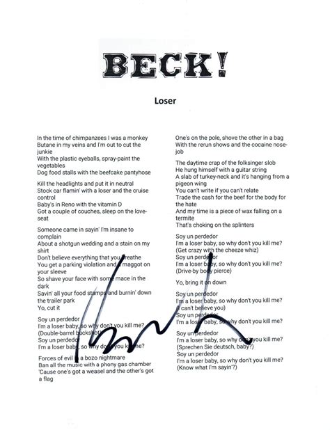 Beck Hansen Mellow Gold Odelay Loser Singer Autographed Signed Lyric ...