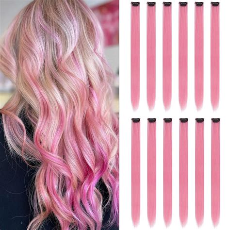 Amazon.com : 12PCS Colored Pink Hair Extensions Party Highlights ...