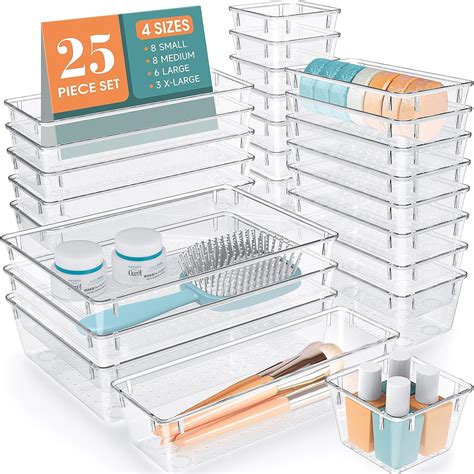 WOWBOX 25 PCS Clear Plastic Drawer Organizer Set, 4 Sizes Desk Drawer ...