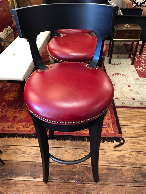 Luxurious Set of 4 Custom Ebonized Wood and Red Leather Bar Stools For ...