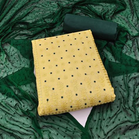 Yellow Floral Embroidered Art Silk Dress Material