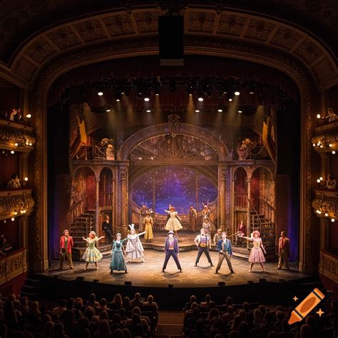 Wide shot of a stage play performance in a theatre with actors on stage ...
